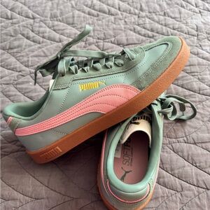 Puma Mint Green and Pink Suede Low-Top Sneakers